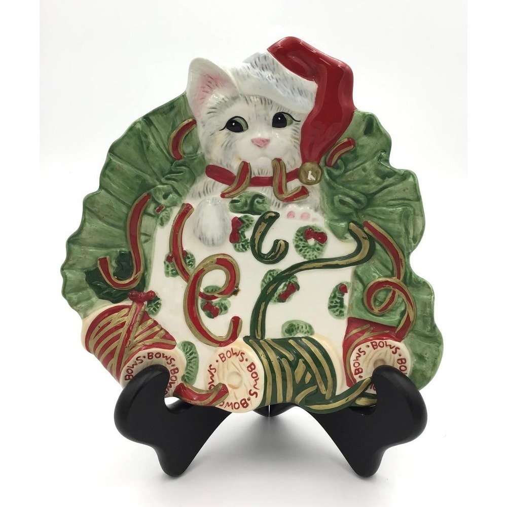Vintage Fitz and Floyd Ceramic Christmas Plate Set Santa Claus & Holiday Kitten - Picture 5 of 14